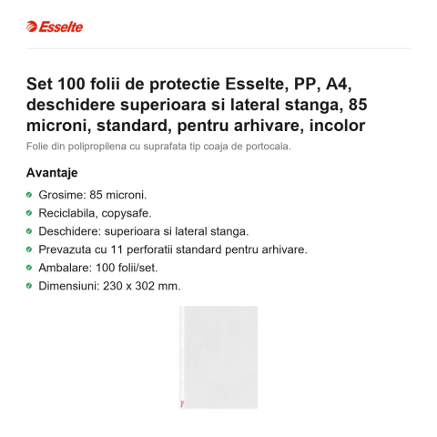 Set 100 folii de protectie Esselte, PP, A4, deschidere superioara si lateral stanga, 85 microni, standard, pentru arhivare, incolor [1]