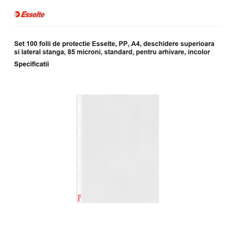 Set 100 folii de protectie Esselte, PP, A4, deschidere superioara si lateral stanga, 85 microni, standard, pentru arhivare, incolor [2]