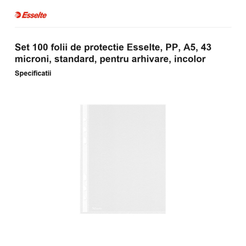 Set 100 folii de protectie Esselte, PP, A5, 43 microni, standard, pentru arhivare, incolor [2]