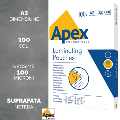 Set 100 folii laminare Fellowes APEX, format A3, 100 microni, finisaj lucios, pachet 100 bucati, pentru protectie medie a documentelor de dimensiuni mari [1]
