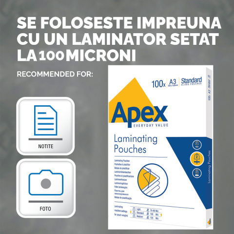 Set 100 folii laminare Fellowes APEX, format A3, 100 microni, finisaj lucios, pachet 100 bucati, pentru protectie medie a documentelor de dimensiuni mari [2]
