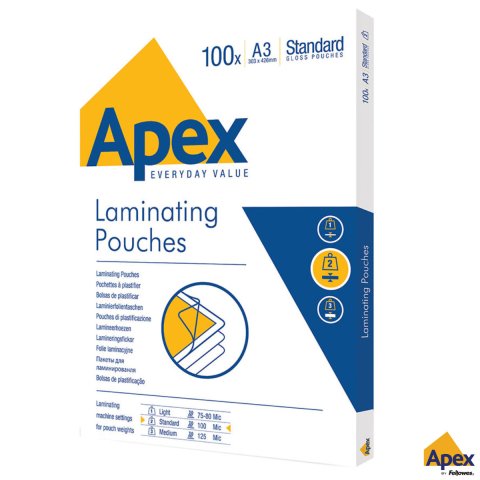 Folii laminare - Set 100 folii laminare Fellowes APEX, format A3, 100 microni, finisaj lucios, pachet 100 bucati, pentru protectie medie a documentelor de dimensiuni mari