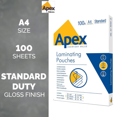 Set 100 folii laminare Fellowes APEX, format A4, 100 microni, finisaj lucios, tratament antistatic, pachet 100 bucati, pentru protectie documente si utilizare standard [1]
