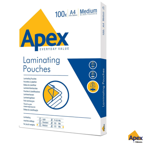 Folii laminare - Set 100 folii laminare Fellowes APEX, format A4, 125 microni, finisaj lucios, pachet 100 bucati, pentru protectie medie si utilizare frecventa