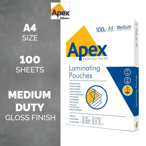 Set 100 folii laminare Fellowes APEX, format A4, 125 microni, finisaj lucios, pachet 100 bucati, pentru protectie medie si utilizare frecventa [1]