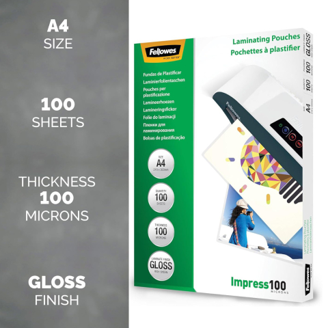 Set 100 folii laminare Fellowes, format A4, 100 microni, finisaj lucios, pachet 100 bucati, pentru protectie medie a documentelor [1]
