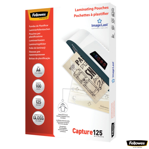 Produse EmagMarketplace - Set 100 folii laminare Fellowes, format A4, 125 microni, finisaj lucios, pachet 100 bucati, pentru protectie avansata documente