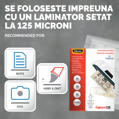 Set 100 folii laminare Fellowes, format A4, 125 microni, finisaj lucios, pachet 100 bucati, pentru protectie avansata documente [2]