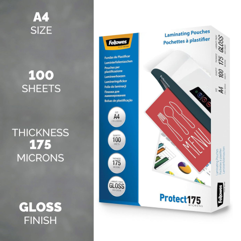 Set 100 folii laminare Fellowes, format A4, 175 microni, finisaj lucios, pachet 100 bucati, pentru protectie premium si utilizare intensiva [1]