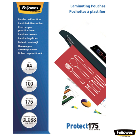 Produse EmagMarketplace - Set 100 folii laminare Fellowes, format A4, 175 microni, finisaj lucios, pachet 100 bucati, pentru protectie premium si utilizare intensiva