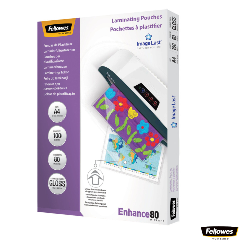 Produse EmagMarketplace - Set 100 folii laminare Fellowes, format A4, 80 microni, finisaj lucios, pachet 100 bucati, pentru protectie de zi cu zi a documentelor