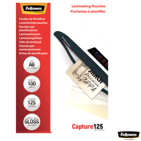 Produse EmagMarketplace - Set 100 folii laminare Fellowes, format A6, 125 microni, finisaj lucios, pachet 100 bucati, pentru protectie avansata documente si fotografii