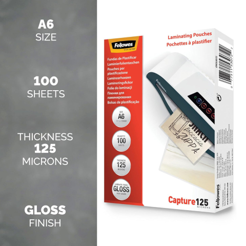 Set 100 folii laminare Fellowes, format A6, 125 microni, finisaj lucios, pachet 100 bucati, pentru protectie avansata documente si fotografii [1]