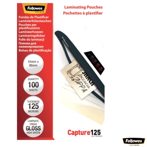 Produse EmagMarketplace - Set 100 folii laminare Fellowes, format card 54 x 86 mm, 125 microni, finisaj lucios, pachet 100 bucati, pentru protectie avansata carduri de identitate si vizita