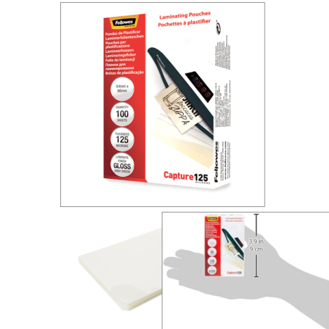 Set 100 folii laminare Fellowes, format card 54 x 86 mm, 125 microni, finisaj lucios, pachet 100 bucati, pentru protectie avansata carduri de identitate si vizita [1]