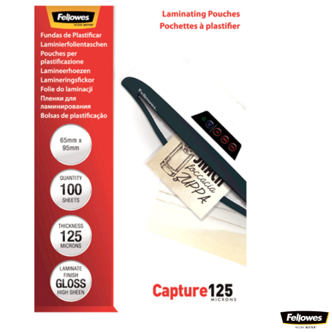 Produse EmagMarketplace - Set 100 folii laminare Fellowes, format card 65 x 95 mm, 125 microni, finisaj lucios, pachet 100 bucati, pentru protectie avansata carduri de identitate si vizita