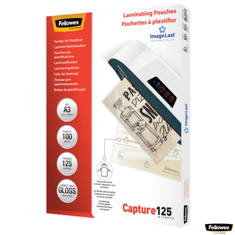Produse EmagMarketplace - Set 100 folii laminare Fellowes ImageLast, format A3, 125 microni, finisaj lucios, pachet 100 bucati, cu indicator directional pentru utilizare corecta