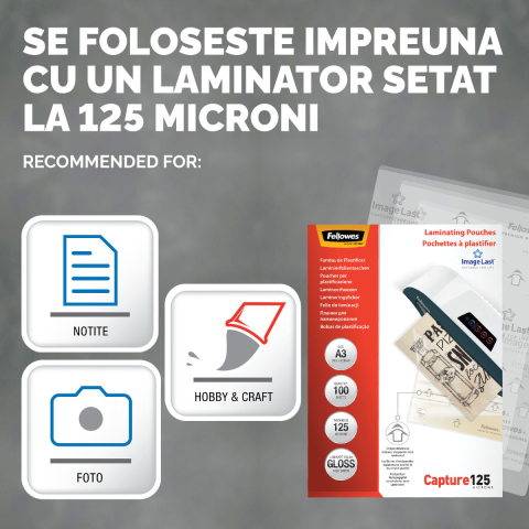 Set 100 folii laminare Fellowes ImageLast, format A3, 125 microni, finisaj lucios, pachet 100 bucati, cu indicator directional pentru utilizare corecta [2]