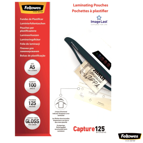 Produse EmagMarketplace - Set 100 folii laminare Fellowes ImageLast, format A5, 125 microni, finisaj lucios, pachet 100 bucati, cu indicator directional pentru utilizare corecta