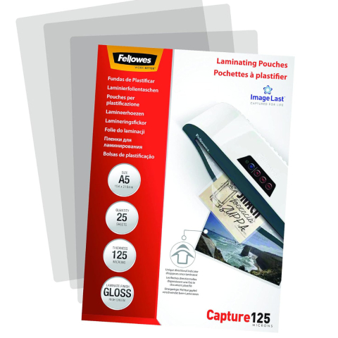 Set 100 folii laminare Fellowes ImageLast, format A5, 125 microni, finisaj lucios, pachet 100 bucati, cu indicator directional pentru utilizare corecta [1]