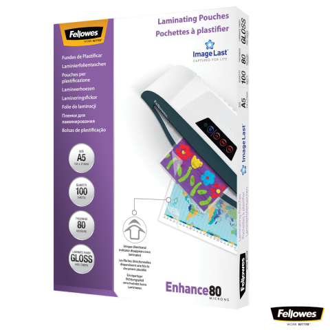 Produse EmagMarketplace - Set 100 folii laminare Fellowes ImageLast, format A5, 80 microni, finisaj lucios, pachet 100 bucati, cu indicator directional pentru utilizare corecta