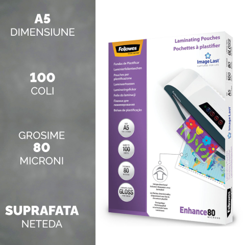 Set 100 folii laminare Fellowes ImageLast, format A5, 80 microni, finisaj lucios, pachet 100 bucati, cu indicator directional pentru utilizare corecta [1]