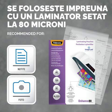 Set 100 folii laminare Fellowes ImageLast, format A5, 80 microni, finisaj lucios, pachet 100 bucati, cu indicator directional pentru utilizare corecta [2]