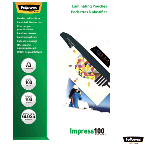 Produse EmagMarketplace - Set 100 folii laminare Fellowes Impress, format A3, 100 microni, finisaj lucios, pachet 100 bucati, pentru protectie medie a documentelor de dimensiuni mari