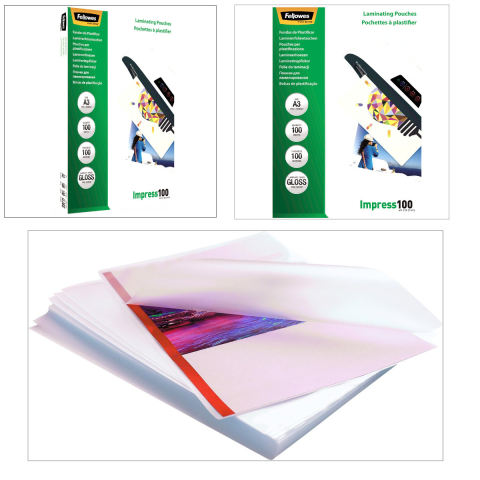 Set 100 folii laminare Fellowes Impress, format A3, 100 microni, finisaj lucios, pachet 100 bucati, pentru protectie medie a documentelor de dimensiuni mari [1]