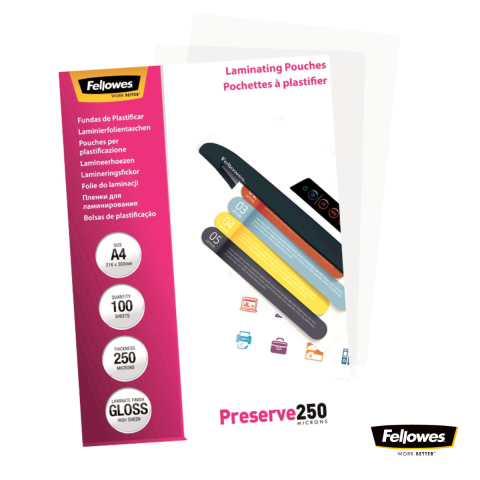 Set 100 folii laminare Fellowes Preserve, format A4, 250 microni, finisaj lucios, pachet 100 bucati, pentru protectie maxima a documentelor expuse la intemperii si utilizare intensiva [1]