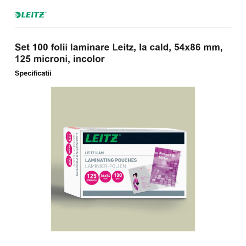 Set 100 folii laminare Leitz, la cald, 54x86 mm, 125 microni, incolor [2]