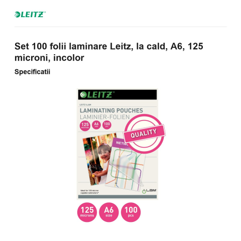 Set 100 folii laminare Leitz, la cald, A6, 125 microni, incolor [2]