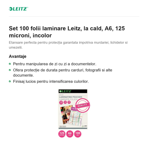 Set 100 folii laminare Leitz, la cald, A6, 125 microni, incolor [1]