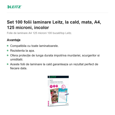 Set 100 folii laminare Leitz, la cald, mata, A4, 125 microni, incolor [1]