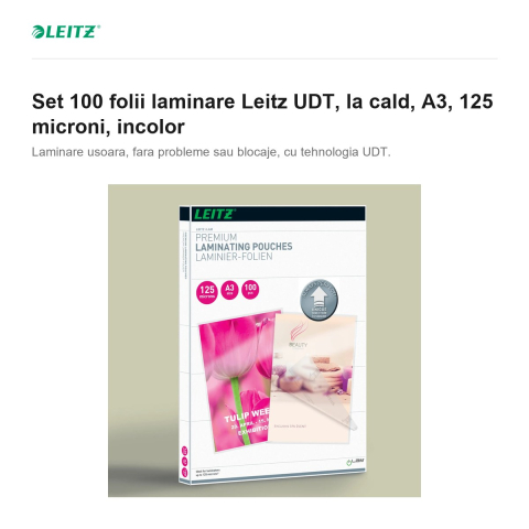 Set 100 folii laminare Leitz UDT, la cald, A3, 125 microni, incolor [1]