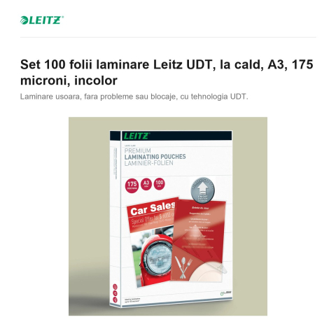 Set 100 folii laminare Leitz UDT, la cald, A3, 175 microni, incolor [1]
