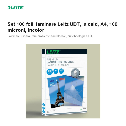 Set 100 folii laminare Leitz UDT, la cald, A4, 100 microni, incolor [1]
