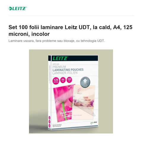 Set 100 folii laminare Leitz UDT, la cald, A4, 125 microni, incolor [1]