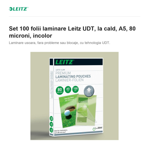 Set 100 folii laminare Leitz UDT, la cald, A5, 80 microni, incolor [1]