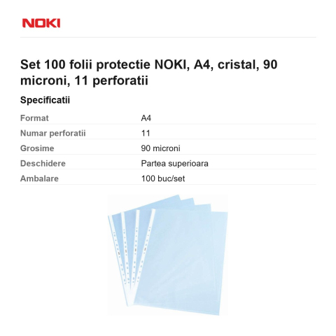 Set 100 folii protectie NOKI, A4, cristal, 90 microni, 11 perforatii [2]