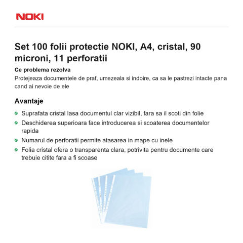 Set 100 folii protectie NOKI, A4, cristal, 90 microni, 11 perforatii [1]