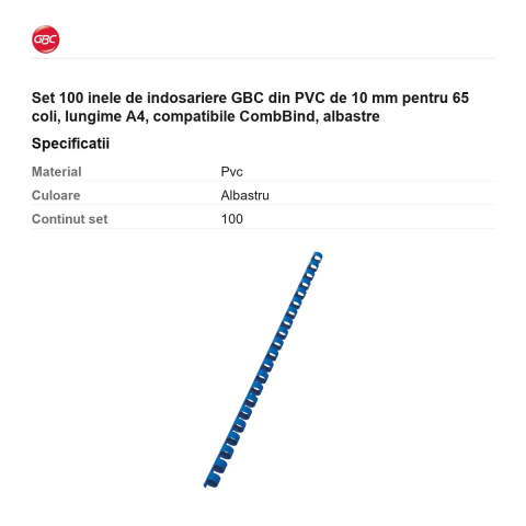 Set 100 inele de indosariere GBC din PVC de 10 mm pentru 65 coli, lungime A4, compatibile CombBind, albastre [2]
