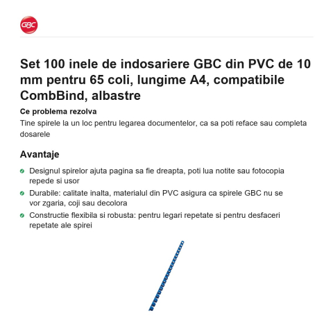 Set 100 inele de indosariere GBC din PVC de 10 mm pentru 65 coli, lungime A4, compatibile CombBind, albastre [1]