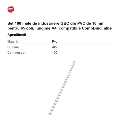 Set 100 inele de indosariere GBC din PVC de 10 mm pentru 65 coli, lungime A4, compatibile CombBind, albe [2]