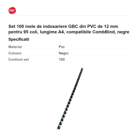 Set 100 inele de indosariere GBC din PVC de 12 mm pentru 95 coli, lungime A4, compatibile CombBind, negre [2]