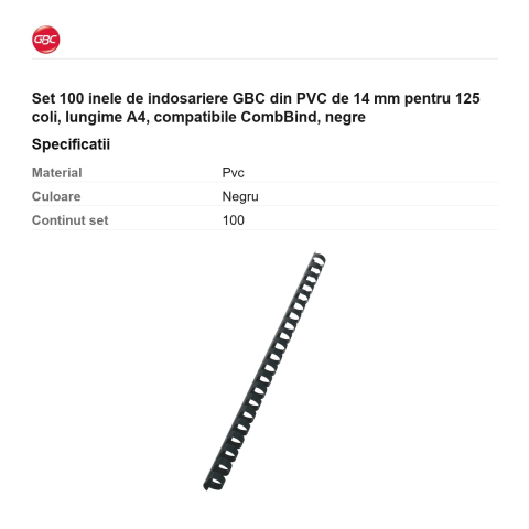 Set 100 inele de indosariere GBC din PVC de 14 mm pentru 125 coli, lungime A4, compatibile CombBind, negre [2]