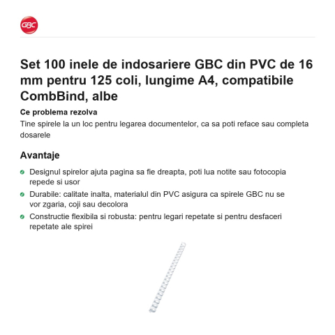 Set 100 inele de indosariere GBC din PVC de 16 mm pentru 125 coli, lungime A4, compatibile CombBind, albe [1]