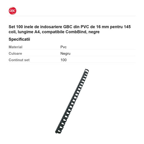 Set 100 inele de indosariere GBC din PVC de 16 mm pentru 145 coli, lungime A4, compatibile CombBind, negre [2]
