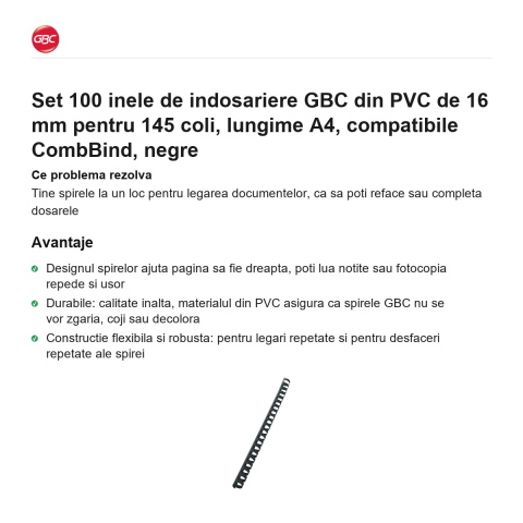 Set 100 inele de indosariere GBC din PVC de 16 mm pentru 145 coli, lungime A4, compatibile CombBind, negre [1]