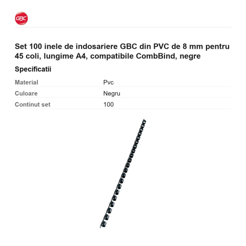Set 100 inele de indosariere GBC din PVC de 8 mm pentru 45 coli, lungime A4, compatibile CombBind, negre [2]